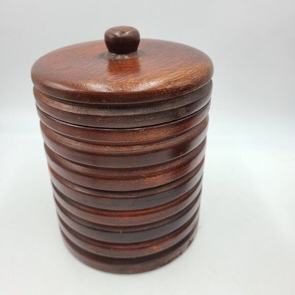 Vintage 50s 60s Wood Canisters Set Brown Cylindrical with Covers Lot of 2 - Picture 4 of 7